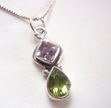 Small Faceted Peridot and Amethyst Double Gem 925 Sterling Silver Pendant - £9.26 GBP
