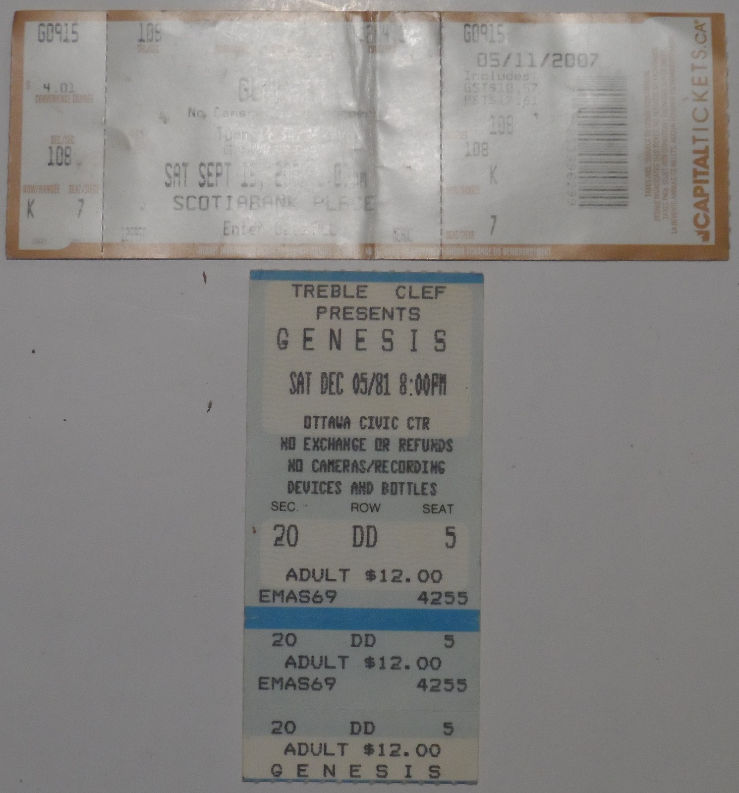  GENESIS 2 Original Ottawa Ticket Stubs 1981 Civic Ctr. 2007 Scotiabank ... - $18.75