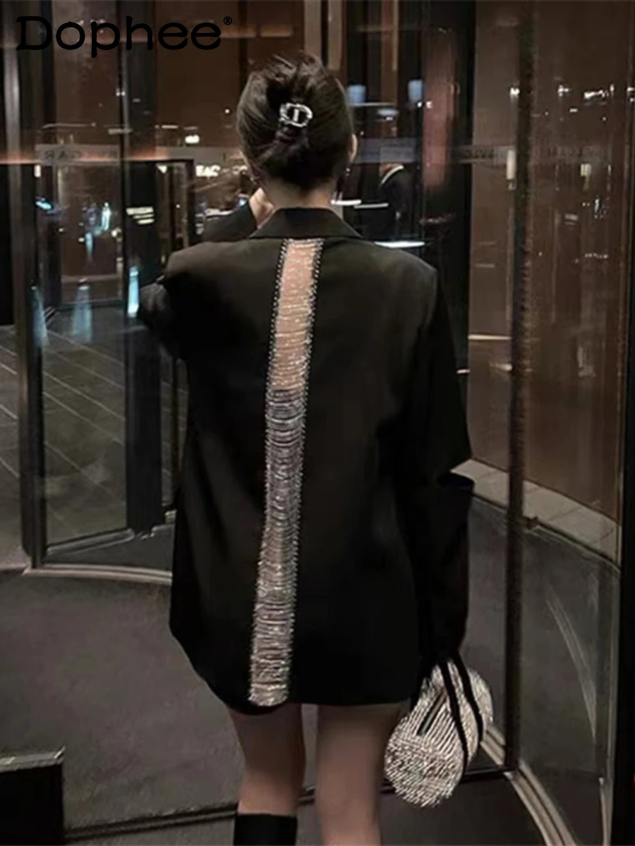 Sexy Backless Hollow-out Chain Thin Black Suit Jacket Women   Temperament Office - £229.09 GBP