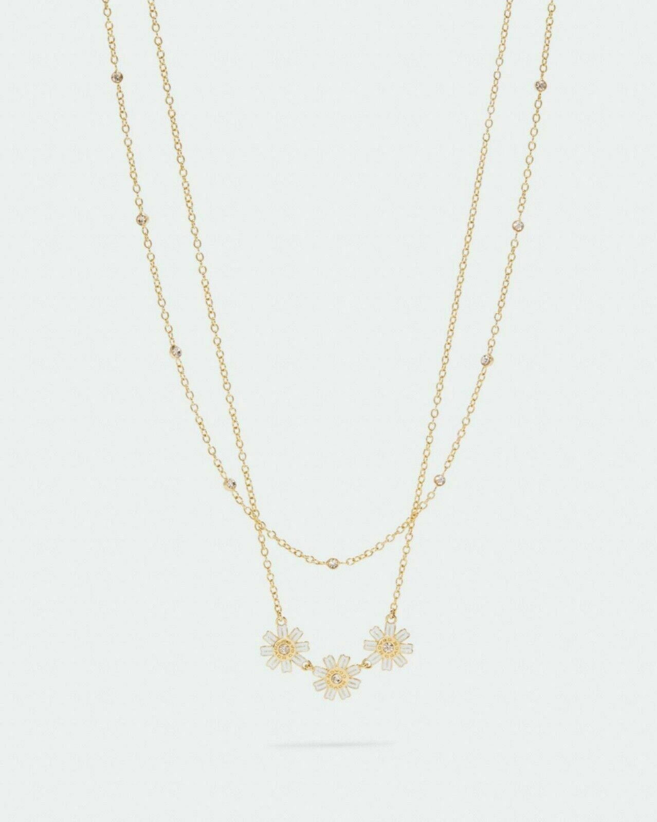 Coach Triple Daisy Layer Necklace Pendant Set Yellow Gold Plated Crystal Station - $98.01