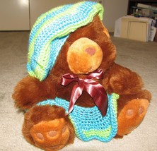 Plush 18&quot; Brown Teddy Bear w Custom Crocheted Outfit - £8.65 GBP