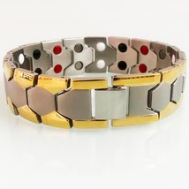 Gold Plated Stainless Steel Wide Bracelet Men Health Benefits Double Row 4 In 1  - £17.90 GBP