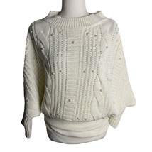 Faded Rose Beaded Cable Knit Sweater XL White Dolman Sleeves Pullover Boat Neck - £29.30 GBP