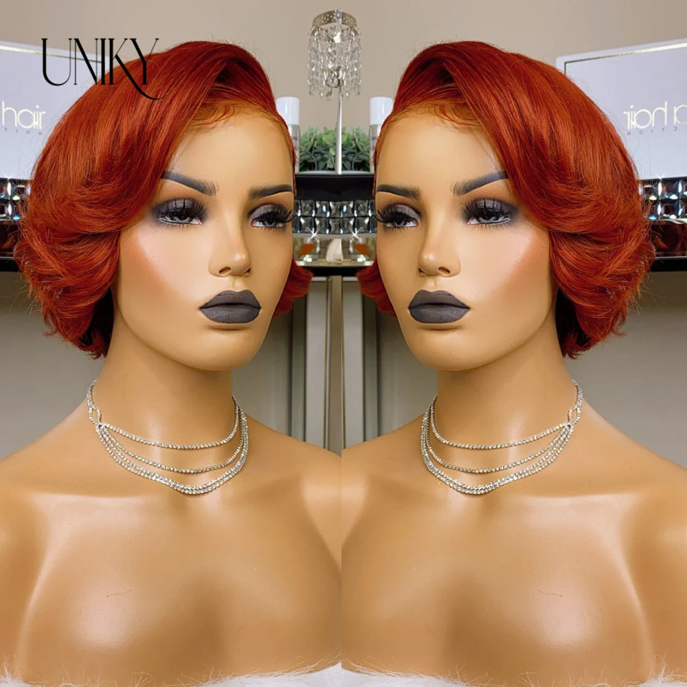 Straight Pixie Cut Wig Ginger Orange Colored T Lace Human Hair Wigs For Wom - £39.63 GBP+