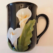 Otagiri White Calla Lily on Black Coffee Mug VTG Floral Tea Cup Gold Rim Japan - £15.50 GBP
