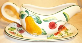 Herend Village Pottery Hungary Gravy Boat &amp; Saucer Handpainted Berries &amp; Fruits - £28.42 GBP