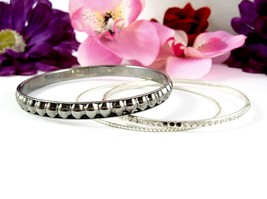 Lot of 3 BANGLE BRACELETS Vintage Silvertone RHINESTONES Clear &amp; Black Set - £11.78 GBP