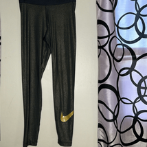Nike Pro Cool Leggings Women Size L Black Gold Shimmer Dri-Fit Full Length C22 - £10.23 GBP