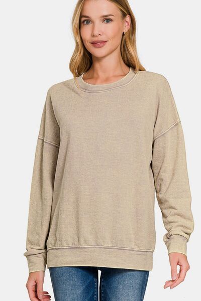 Zenana Washed Round Neck Dropped Shoulder Sweatshirt - $31.19