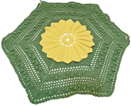 Vintage Handmade Crocheted Octogon Shaped Floral Green Yellow Table Centerpiece - £13.80 GBP