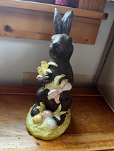 Large Hollow Resin Chocolate Easter Bunny Rabbit w Eggs &amp; Flowers Holida... - $14.89