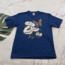 Bomark Womens Vintage 80s Graphic Tee Size M Blue Floral Butterfly Crewneck - $23.75