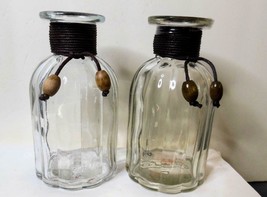 Set of 2 Clear Glass Ribbed Bottles with Brown Twine &amp; Stones 5.5 Inches Pier 1 - £11.84 GBP