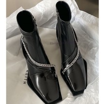 Black Chelsea Boots New Short Boots Women Chain Square Toe Chunky Heel Boots - £99.61 GBP