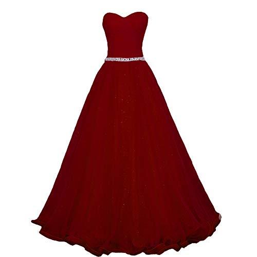 Sweetheart Simple Pleats Beaded Tulle Long Evening Prom Dresses Wine Red US 12