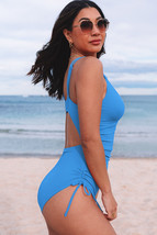 Sky Blue Adjustable Straps Ribbed Knit One Piece Swimsuit - $277.27 MXN
