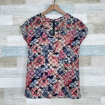 Japna Floral Grid Print Woven Top Pink Blue Exposed Back Zipper Casual Womens XS - £11.09 GBP