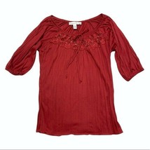 Red Soft Flowy Lace Gem Detail 3/4 Sleeve Blouse Shirt Top French Laundry Small - £5.41 GBP