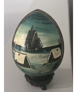 Vintage Russian Painted Wooden Egg on Stand Snow scene *shipping included!* - $17.81