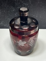 Ruby Red Cut To Clear 6.5” Lidded Ginger Tea Jar Bohemian Glass Grapes Leaves - £46.72 GBP