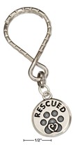 Sterling Silver Paw Print &quot;rescued&quot; Tag on Stainless Steel Teardrop Key Ring - $71.99