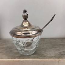 Wm Rogers Glass Sugar Bowl Tarnished Silver Plate Lid &amp; Spoon Vintage 1964 - £7.86 GBP