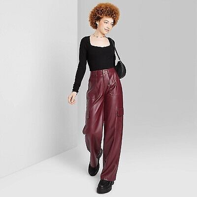 Primary image for Women'S High-Rise Straight Leg Faux Leather Cargo Pants - Burgundy Xs