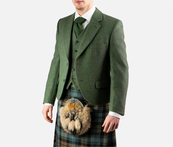 Scottish Highland Men&#39;s Olive Green Wool Argyle Kilt Jacket With Waistcoat - £83.73 GBP