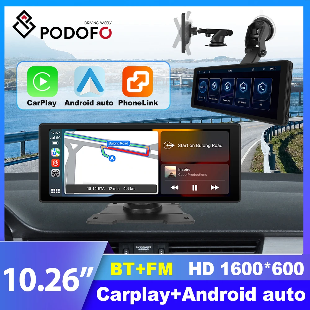 Podofo Car Monitor 10.26&quot; Screen Wireless Carplay Android Auto MP5 Portable - £80.36 GBP+
