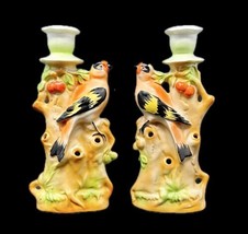 Pair Birds In Cherry Tree Candleholders Vase W Flower Frog Porcelain VTG Germany - £43.94 GBP