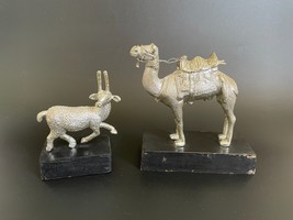 Vintage Set Silver Metal Camel &amp; Goat Statue on Wood Stand Sculpture Figurine - $56.00