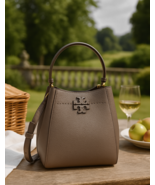 NEW Tory Burch McGraw Silver Maple Taupe Leather Small Crossbody/Tote/Bucket Bag - $298.00