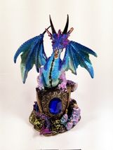 Blue Dragon Holding Shield with Gem on a Rock Collectible Figurine Statu... - $25.40