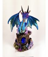 Blue Dragon Holding Shield with Gem on a Rock Collectible Figurine Statu... - $25.40