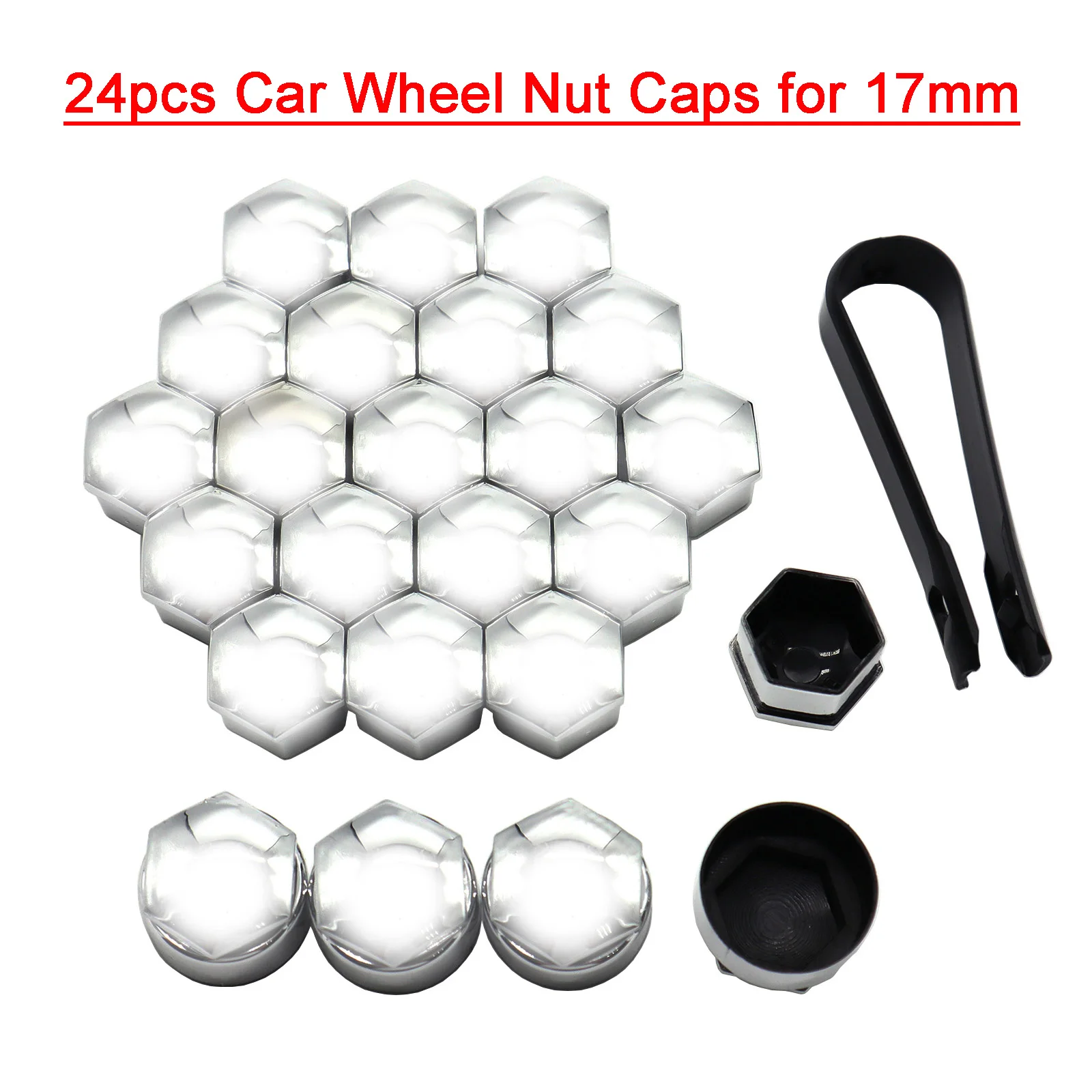 17MM Car Chrome Wheel Nut Caps - Set of 24 with Locking Caps and Removal Tool - £11.36 GBP