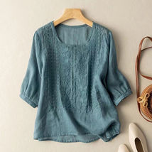 Tops Tees T-Shirt Pullover Tunic Blouse Floral Crochet 3/4 Sleeve Cyan - £7.04 GBP