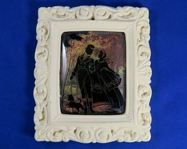 Reverse Painted Glass Silhouette Picture Vintage Plaster Frame Couple &amp; Dog - $39.70