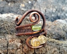 Copper Wire wrapped ring, citrine and peridot, Gemstone jewelry - £14.38 GBP