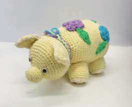 Handmade Crochet Yellow Pig Stuffed Animal with Puff Flowers Amigurumi 12&quot; - £14.37 GBP