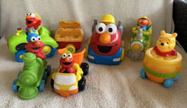 Vintage Elmo Toy Train Engine Tractor &amp; Cart Dump Truck Pooh Car six toys total - £20.29 GBP