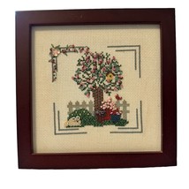 Vintage Cross Stitch Needlepoint Tree Flowers Seed Beads Wood Frame - £26.33 GBP