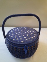 Vintage Mid Century Blue Calico Satin Lined Wicker Sewing Basket Made in... - £14.99 GBP