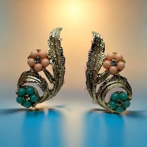 Vintage gold tone screw  back faux turquoise coral earrings - £19.07 GBP