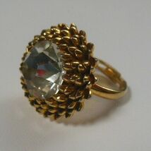 Vintage Signed EMMONS Gold-tone Ring Large Center Rhinestone Size 6 Adju... - $25.99