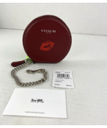 Coach Coin Case Round Leather Red Silver Glitter Lips Kiss Chain Zip F26... - $89.09