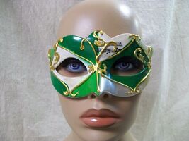 Green Silver Gold Renaissance Eye Mask Masquerade Venetian Harlequin Mus... - $12.41 CAD