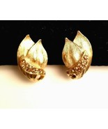 VTG Signed ART Textured Gold Tone Rhinestone Leaf Leaves Clip On Earrings  - $26.00