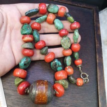 Antique Tibetan Big Silver caped bead, turquoise and coral beaded neckla... - $276.00