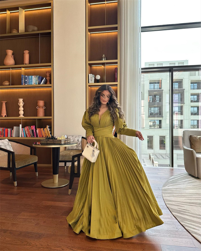 Stunning Candy Color Evening Dress with V-Neckline and Pleated Design Olive Gree