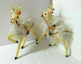 Vtg Christmas 2 Reindeer Prancing 9&quot; High Plastic Decorated Bling Off White OOAK - £23.42 GBP